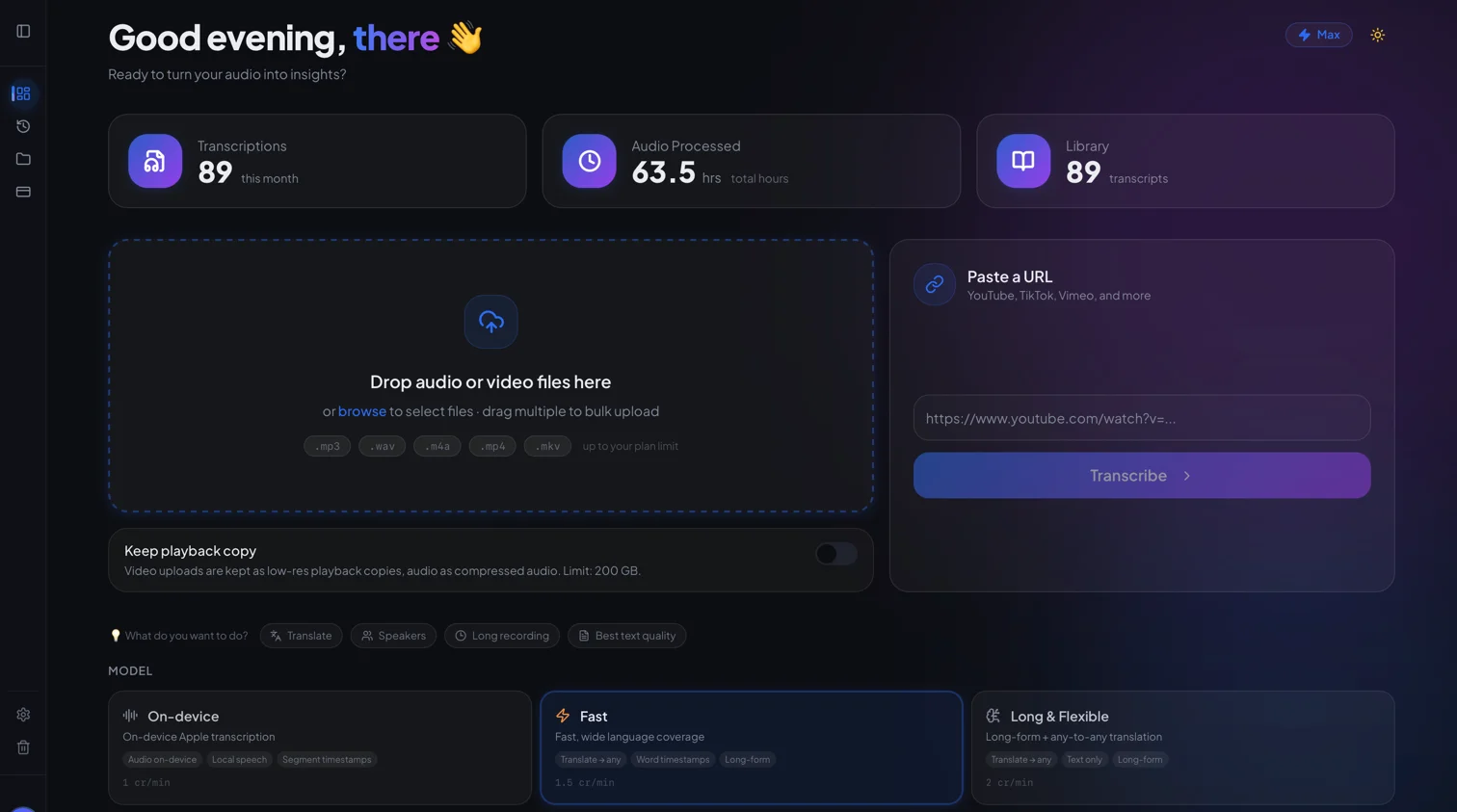 Silestis for Mac: a dashboard with transcription and library counts, an area to drop audio or video files, a field for pasting a URL, and a choice of transcription models including on-device Apple transcription.